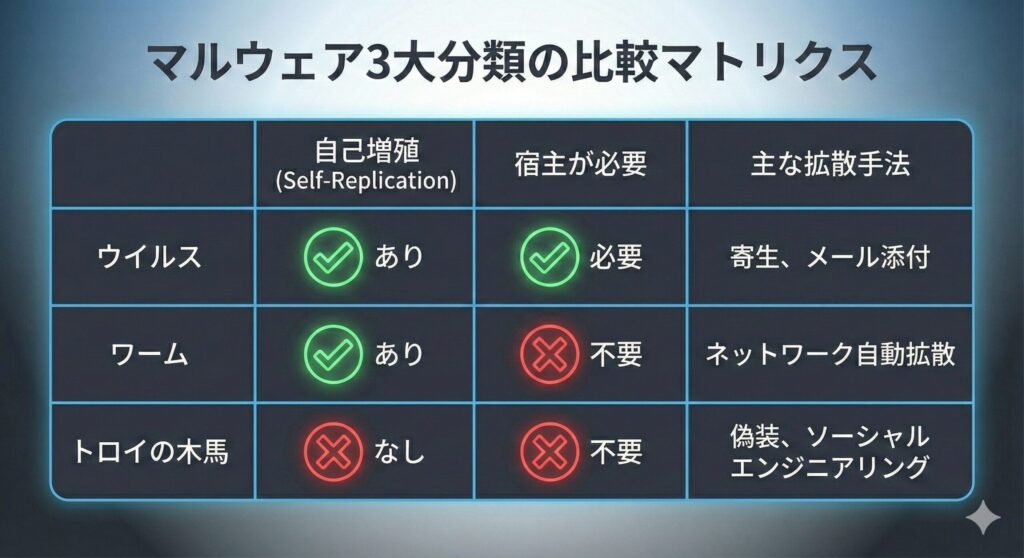 ウイルス、ワーム、トロイの木馬の比較マトリクス表。自己増殖の有無、宿主の必要性、主な拡散手法を整理した図