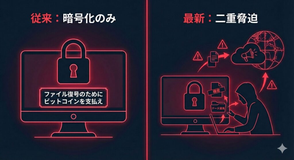 従来の暗号化のみの攻撃と、データの窃取・公開を伴う二重脅迫ランサムウェアの比較図解