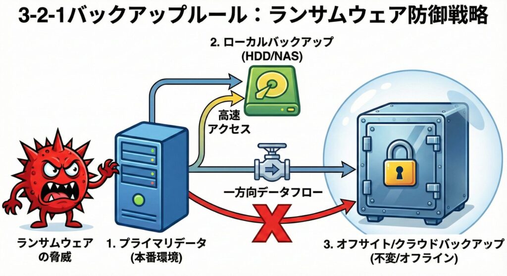 ランサムウェア対策としての3-2-1バックアップルールと、不変ストレージによる保護の概念図