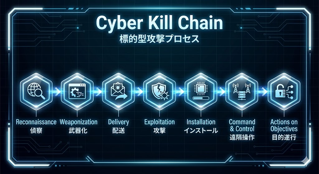 サイバー・キルチェーンの7つの段階(偵察から目的遂行まで)を示すインフォグラフィック