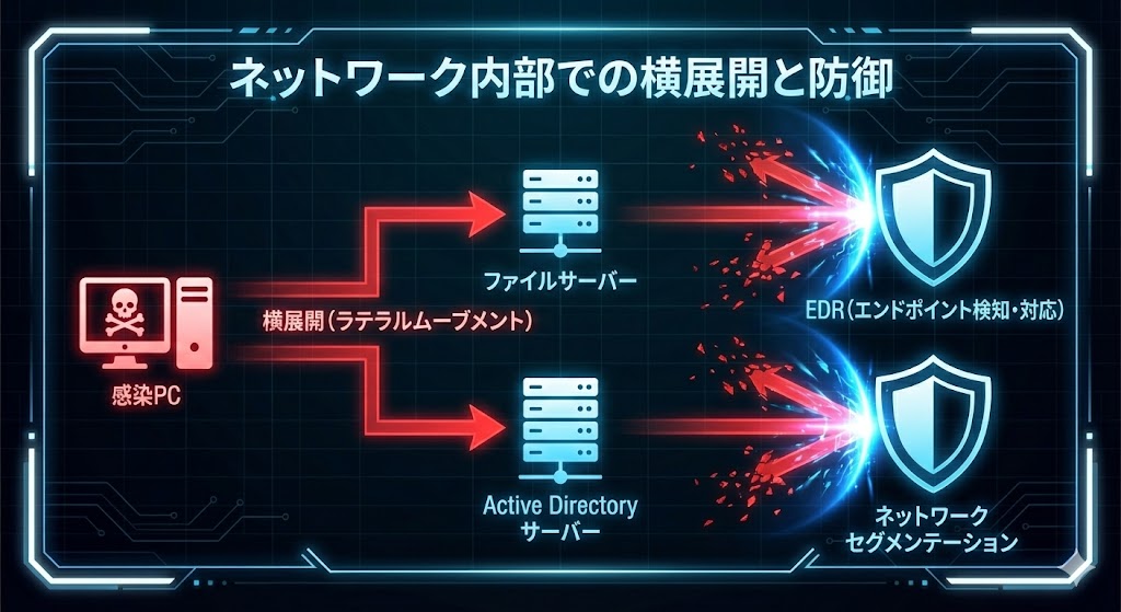 ネットワーク内での横展開(ラテラルムーブメント)とそれを阻止する対策のイメージ図