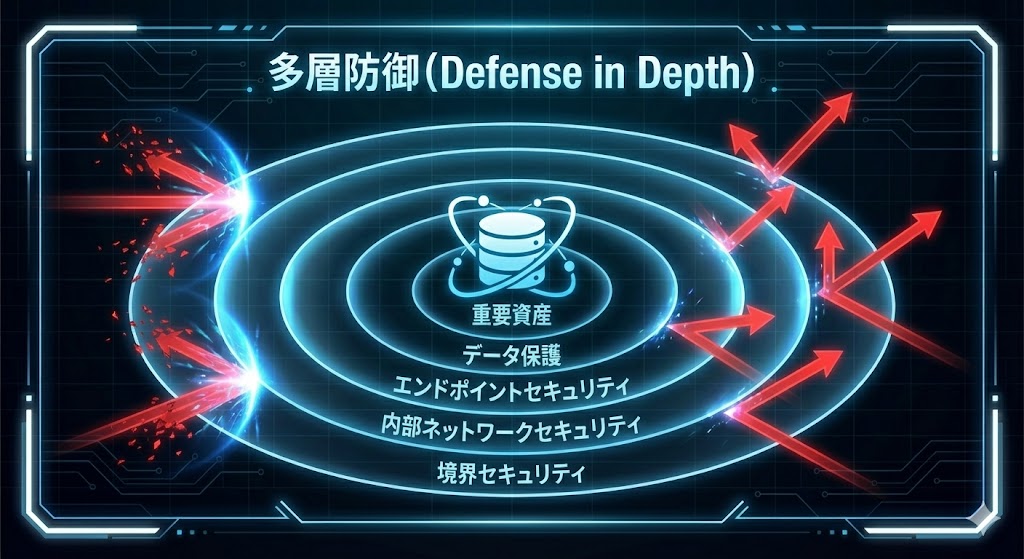 多層防御(入口・内部・出口・データ)の階層構造図