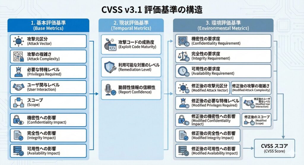 CVSS v3.1の3つの評価指標(基本、現状、環境)の構成図
