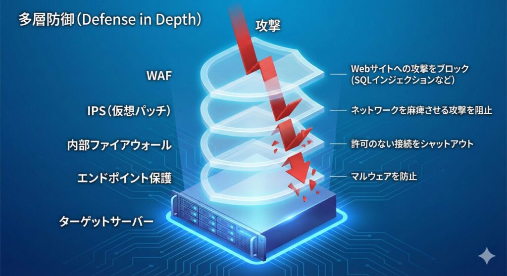 仮想パッチを含む多層防御の構造図