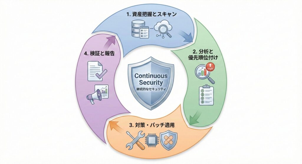 継続的なセキュリティ改善をもたらす脆弱性管理サイクル図