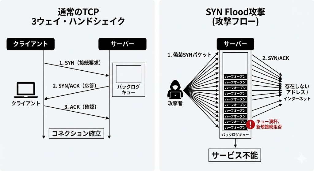 SYN Flood攻撃の仕組み:通常の3ウェイハンドシェイクと、ハーフオープンによるリソース枯渇の比較図