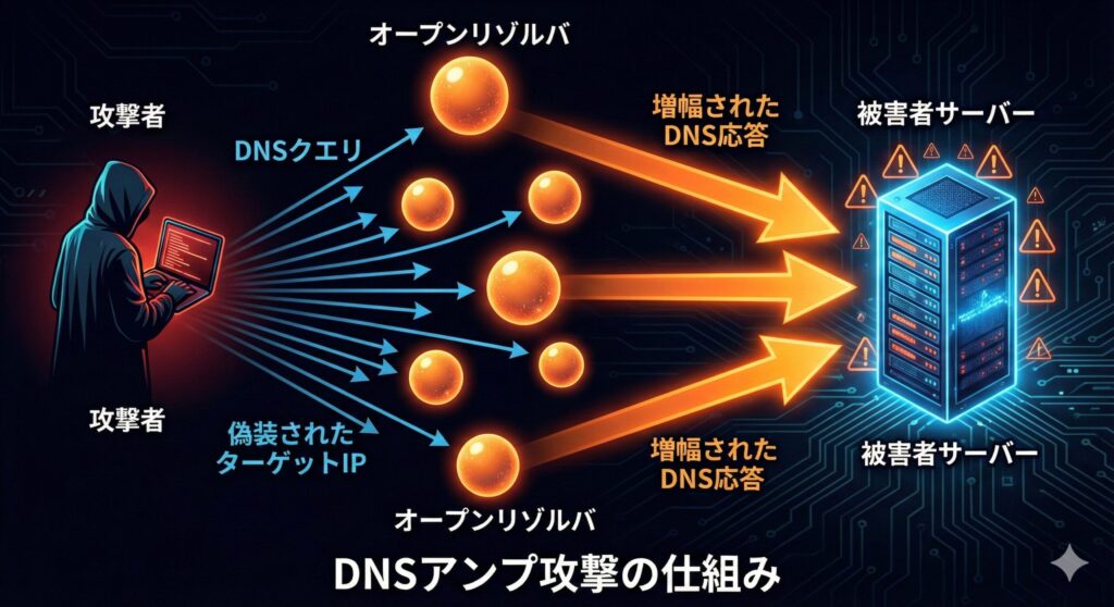 DNS Amplification攻撃の仕組み:小さなクエリが踏み台サーバーを経て巨大な応答パケットとして被害者に届く様子
