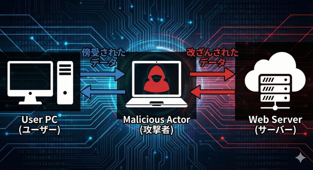 ユーザーとサーバーの間に攻撃者が入り込み、情報を傍受・改ざんする中間者攻撃の概念図