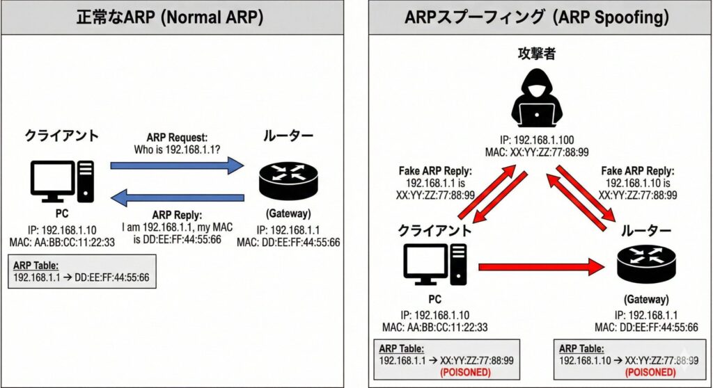 正常なARP手順とARPスプーフィングの比較図。左側は正常な応答、右側は攻撃者が偽の情報を送りつける様子