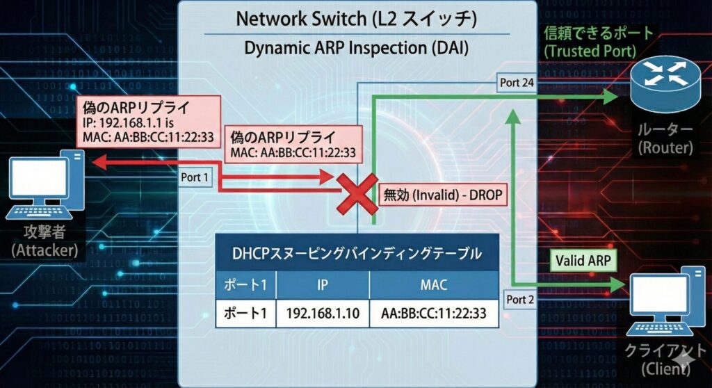 L2スイッチによるDAI(動的ARP検査)の仕組み。DHCPの情報を元に不正なパケットを遮断する様子