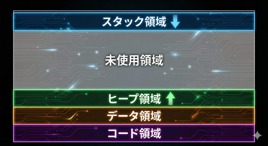 プログラムが使用するメモリの4層構造(スタック、ヒープ、データ、コード領域)の図