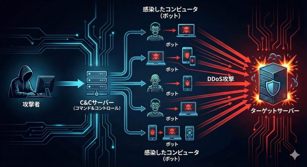攻撃者、C&Cサーバー、ボット(感染端末)、標的サーバーの関係を示すボットネットの構成図