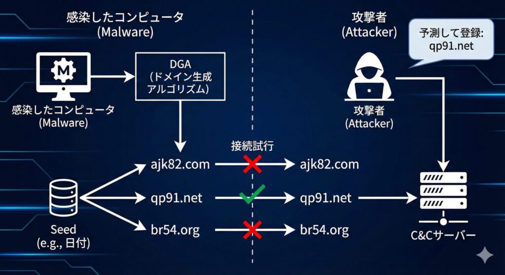 DGA(ドメイン生成アルゴリズム)の仕組み。マルウェアが生成する多数のランダムドメインと、攻撃者が実際に登録するドメインへの接続プロセス