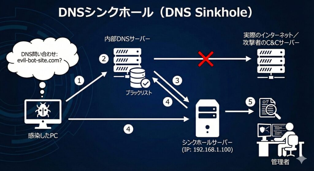 DNSシンクホールの仕組み。感染端末のDNSリクエストに対し、偽のIPアドレスを返すことで通信を無効化し、感染端末を特定するフロー図