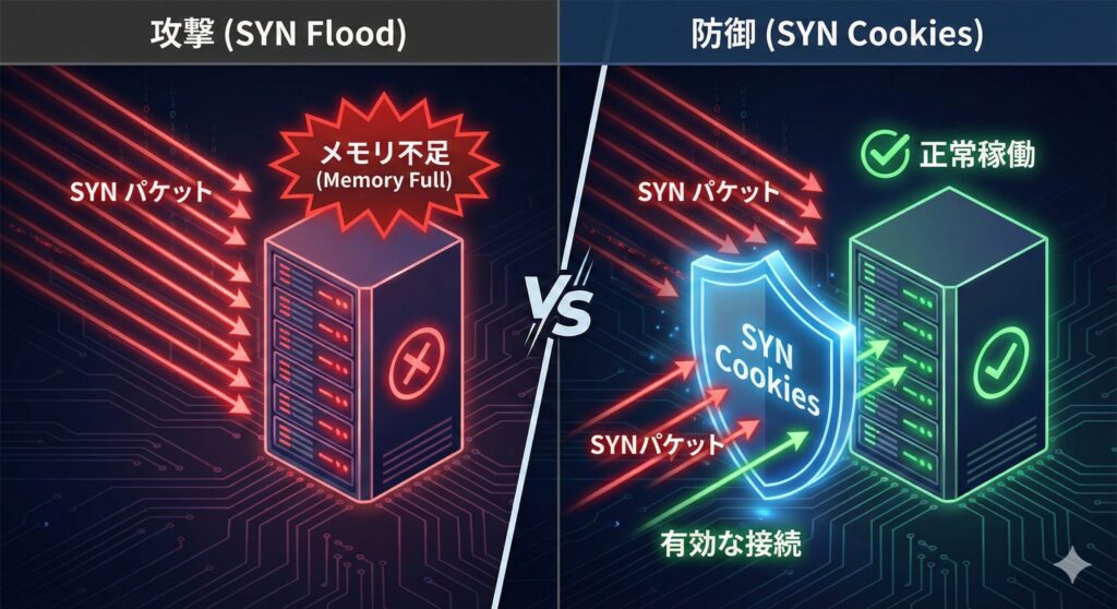 SYN Flood攻撃によるサーバーのリソース枯渇と、SYN Cookiesによる防御のメカニズム比較図