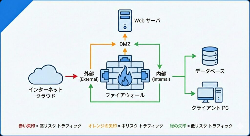 ファイアウォールの3つのインターフェース（外部、DMZ、内部）と通信フローの図解
