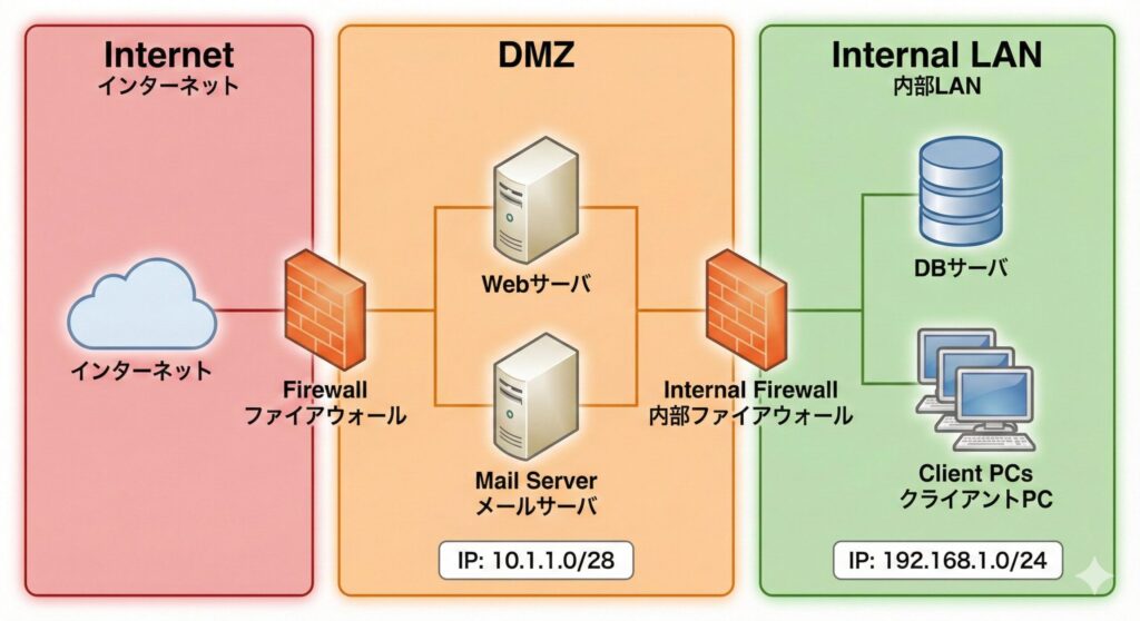 IPアドレス表記付きのセキュリティゾーン分け図（インターネット、DMZ、内部LAN）