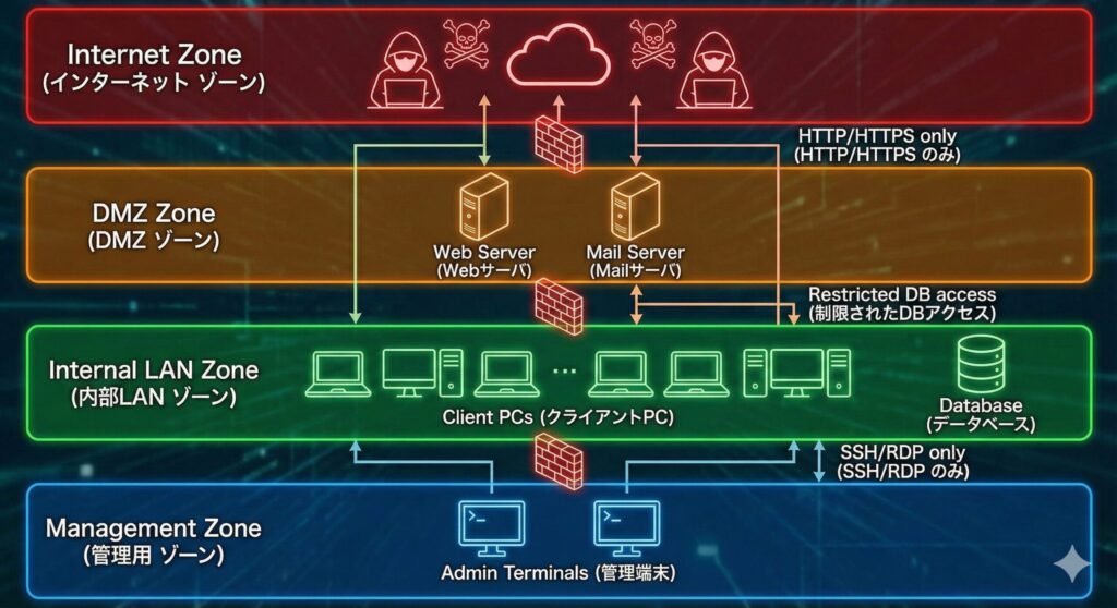 4つのセキュリティゾーン（インターネット、DMZ、内部、管理）と通信制御ルールの図解