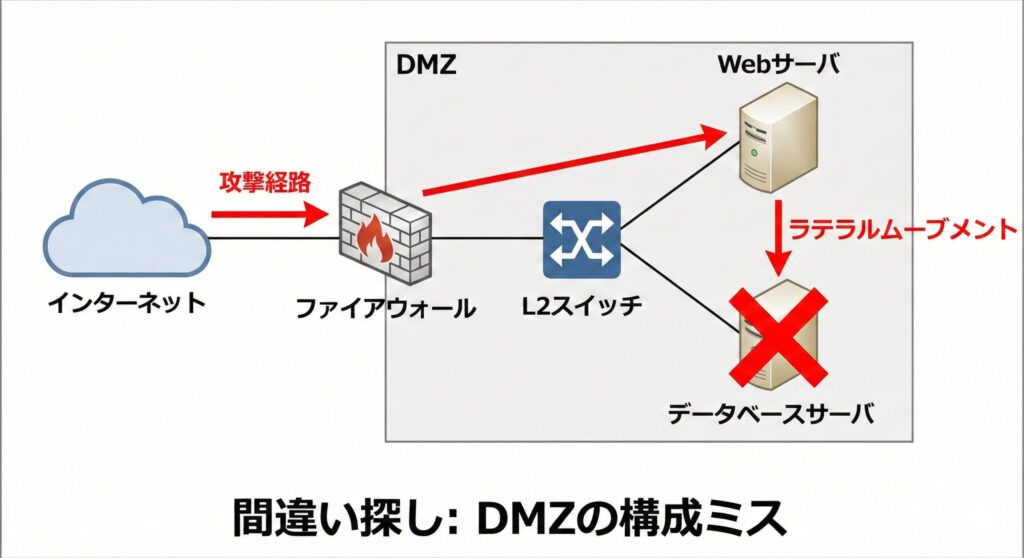 間違い探し演習用図解：DMZにDBサーバが配置されている危険な構成