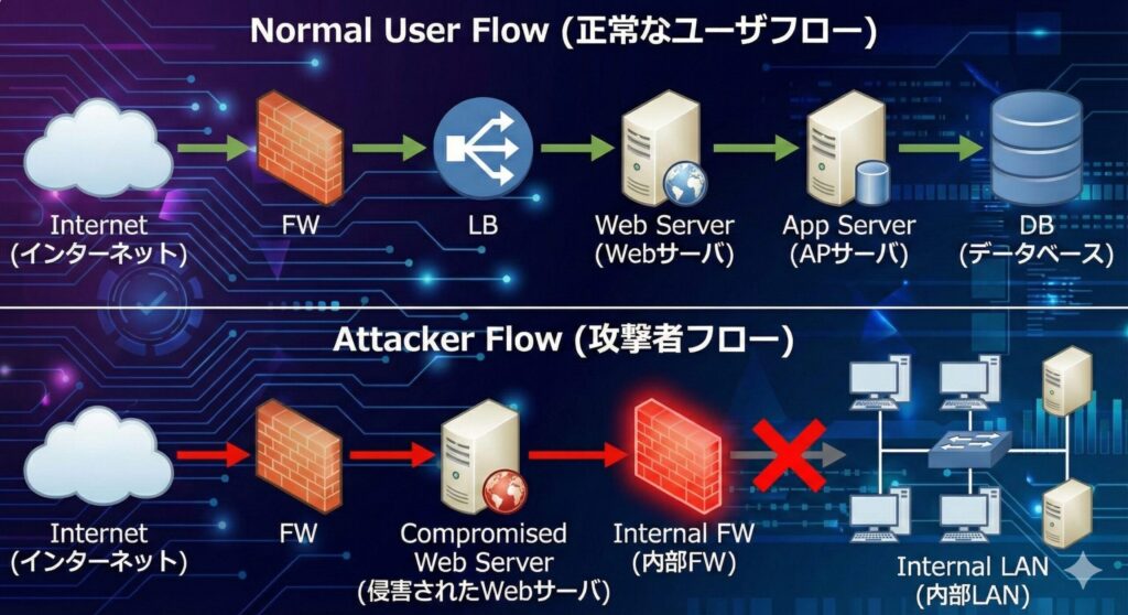 正常な通信フローと攻撃者の侵入フローを対比した図解