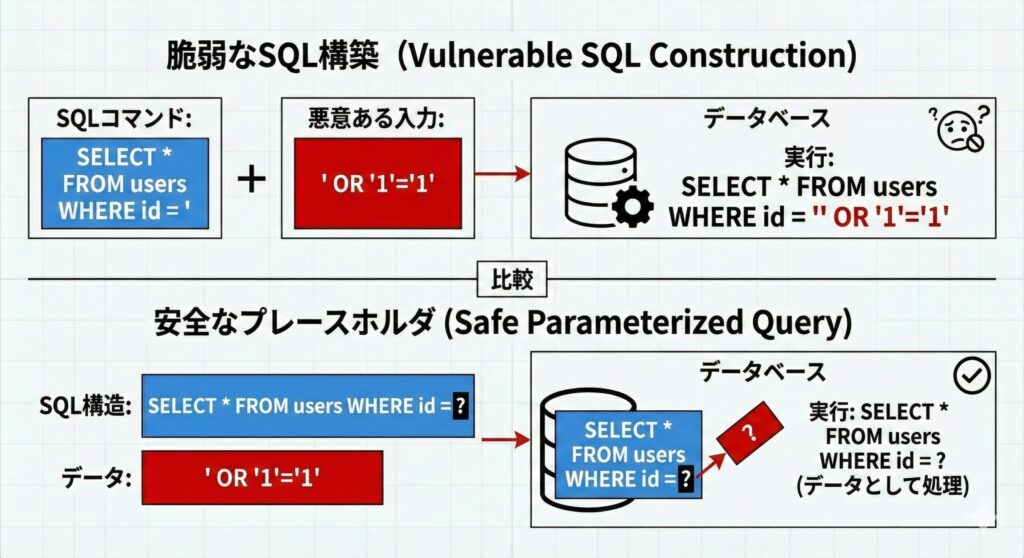 文字列連結によるSQLインジェクションと、プレースホルダを使用した安全なクエリの比較図