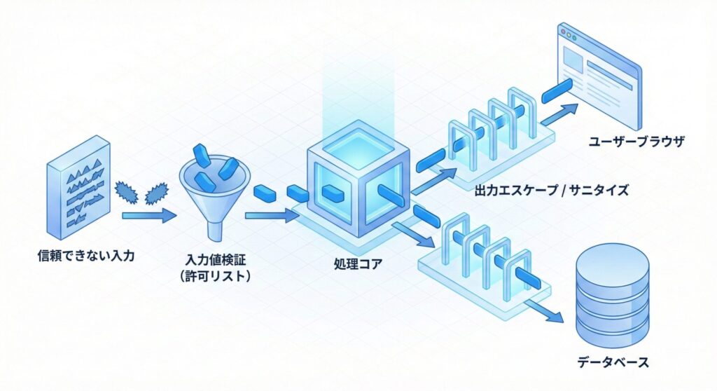 ホワイトリストによる入力値検証と、出力箇所に応じたエスケープ処理のデータフロー図