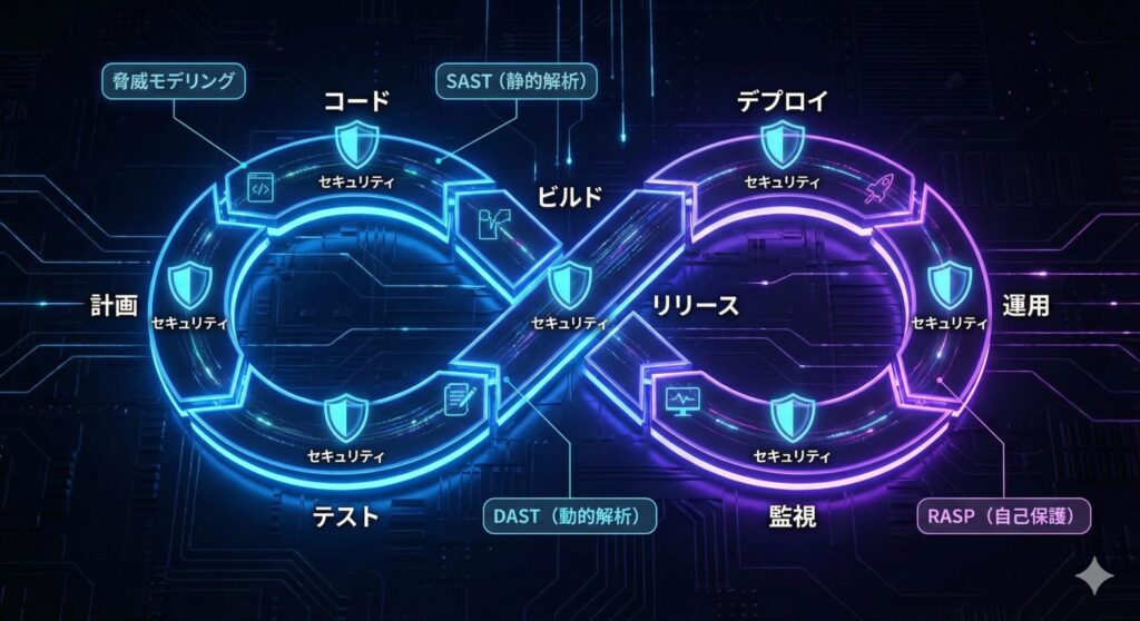 DevOpsの無限ループの各工程にセキュリティ対策（脅威分析、SAST、DASTなど）が統合されたDevSecOpsの概念図