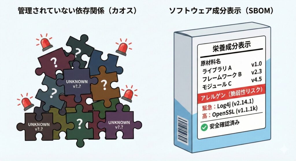 ソフトウェアの構成要素を食品の成分表示ラベルのように可視化し、脆弱性管理を容易にするSBOMのメタファー図