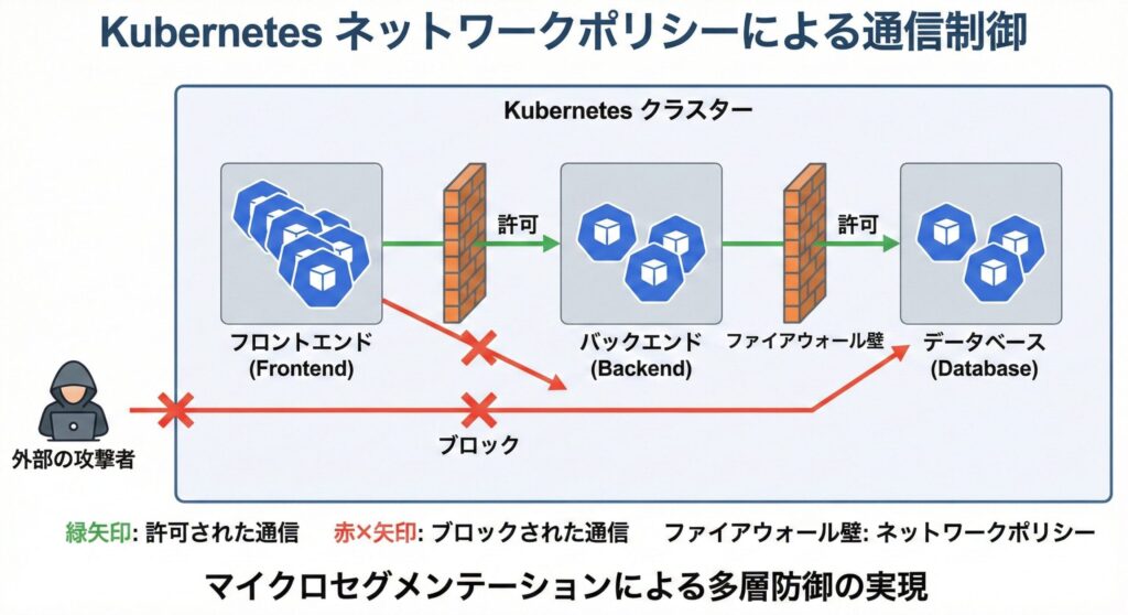 Kubernetesネットワークポリシーによる通信制御の図。許可された通信経路とブロックされる不正な通信経路を可視化。