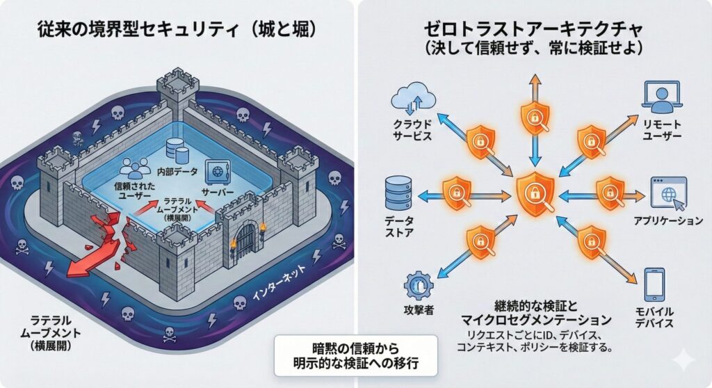 従来の境界防御モデルとゼロトラストモデルの概念比較図