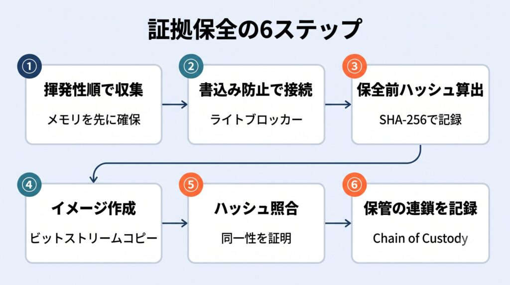  証拠保全の6ステップ（揮発性順で収集→書込み防止で接続→保全前ハッシュ算出→ディスクイメージ作成→ハッシュ照合→Chain of Custody記録）を番号付きで示したフロー図