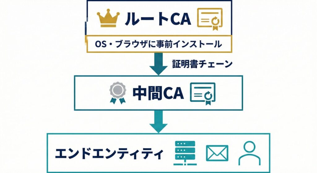 ルートCA・中間CA・エンドエンティティによるPKIの階層型信頼モデル(証明書チェーン)の構造図