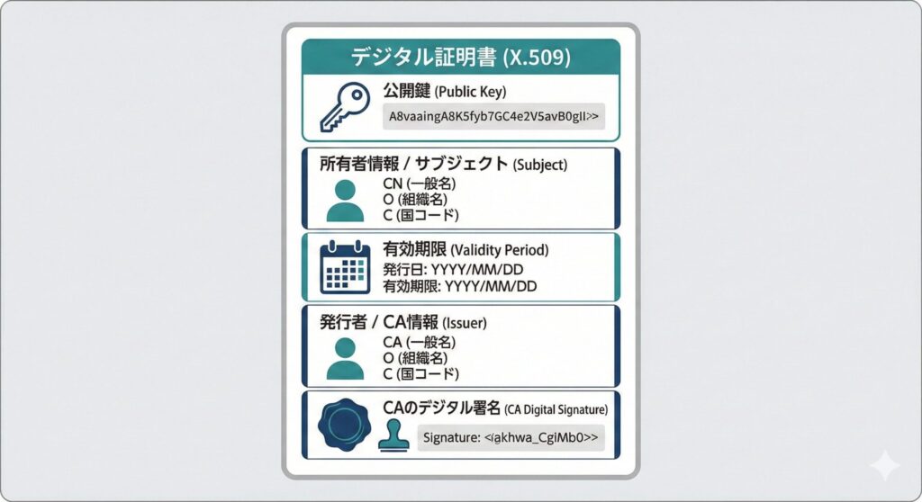 X.509規格に準拠したデジタル証明書の内部構造を示す図(公開鍵・所有者情報・有効期限・CAの署名を含む)