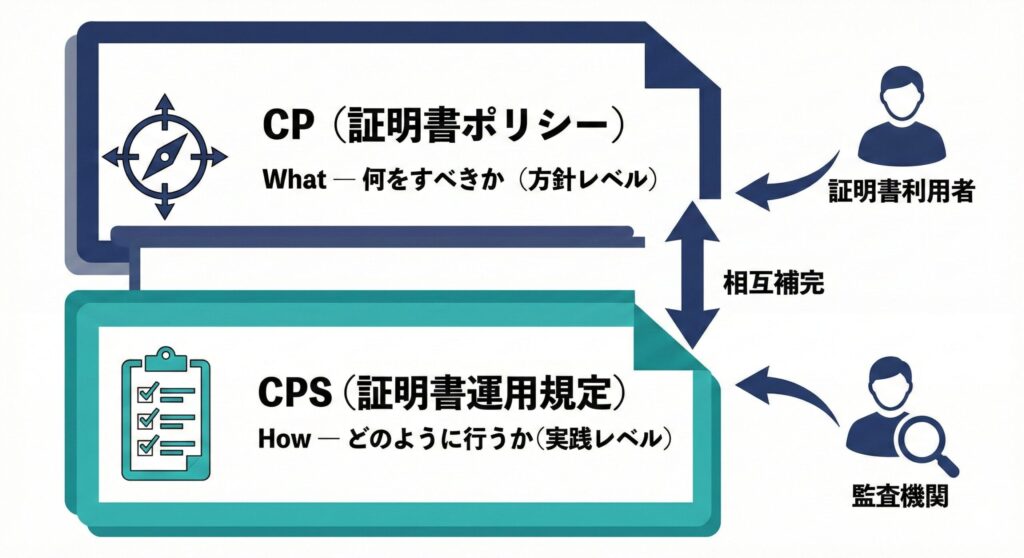 CP(証明書ポリシー)とCPS(証明書運用規定)が「方針(What)」と「実践(How)」として相互補完する関係を示す概念図