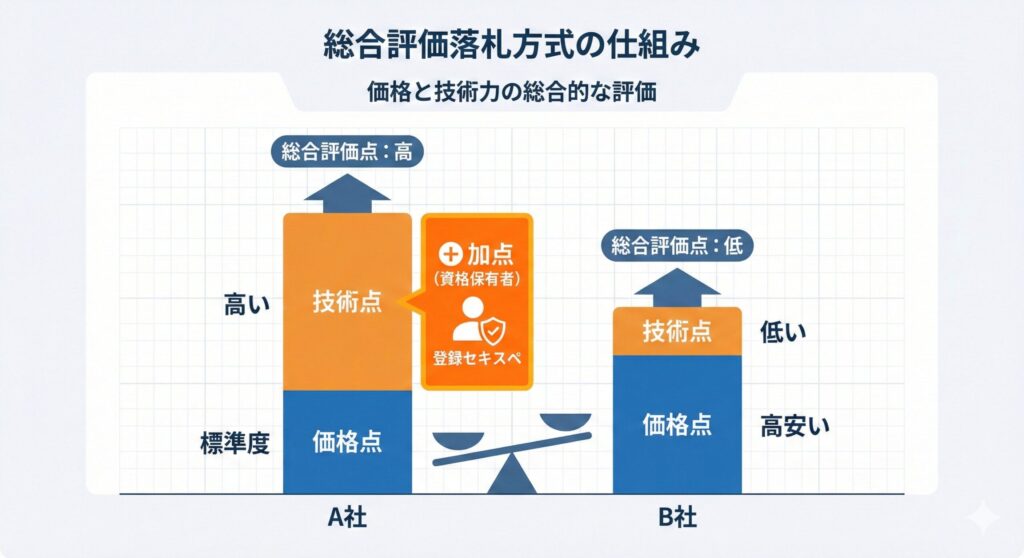 総合評価落札方式の仕組み。価格点だけでなく、情報処理安全確保士などの資格保有による技術点の加算が合否を分けるイメージ。