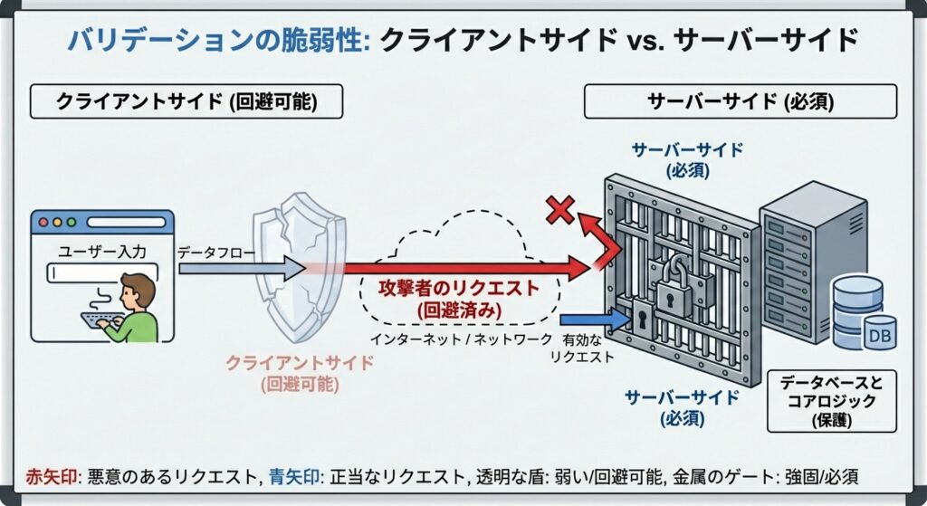 クライアント側検証は回避可能であり、サーバー側検証がセキュリティの要であることを示す図