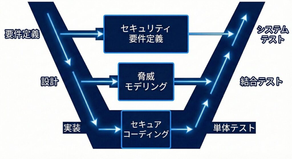 開発工程のV字モデルと各段階で実施すべきセキュリティ対策（要件定義、脅威分析、セキュアコーディング等）の対応図
