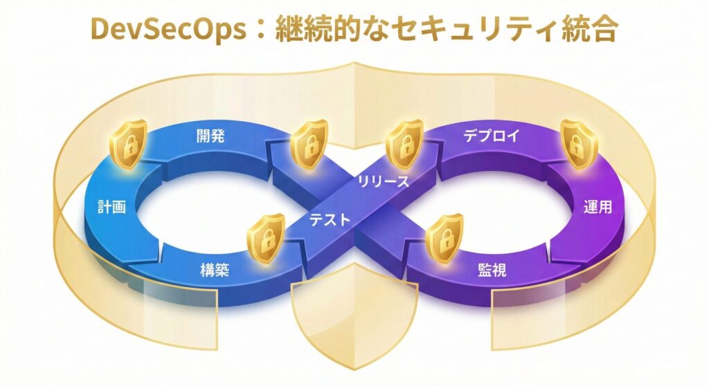 DevOpsの無限ループ（計画・開発・テスト・運用）の各プロセスにセキュリティ対策が統合されているDevSecOpsの概念図