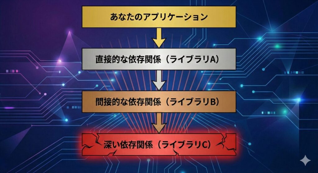 直接利用しているライブラリだけでなく、そのライブラリが依存している孫・ひ孫ライブラリの脆弱性がアプリケーション全体に影響を及ぼす「推移的依存関係」の図解