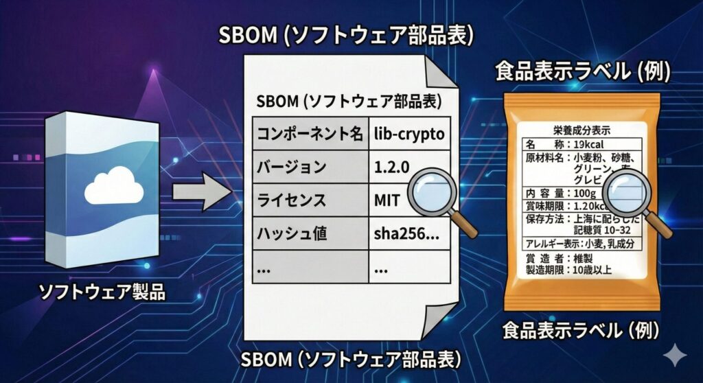 ソフトウェアを構成するコンポーネント名、バージョン、ライセンス情報などを一覧化したSBOM(ソフトウェア部品表)のイメージ図