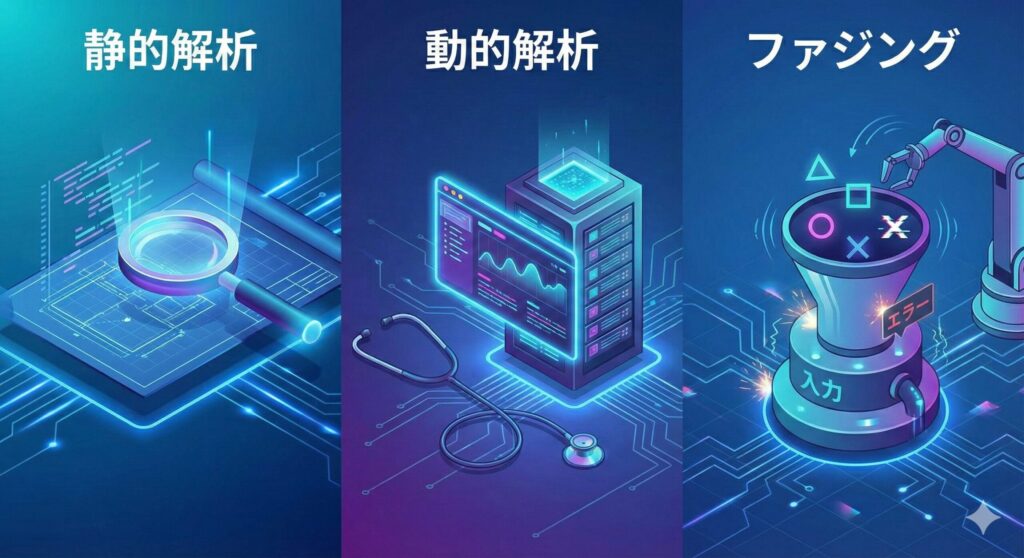 静的解析、動的解析、ファジングの3つのテスト手法を比較したイメージ図