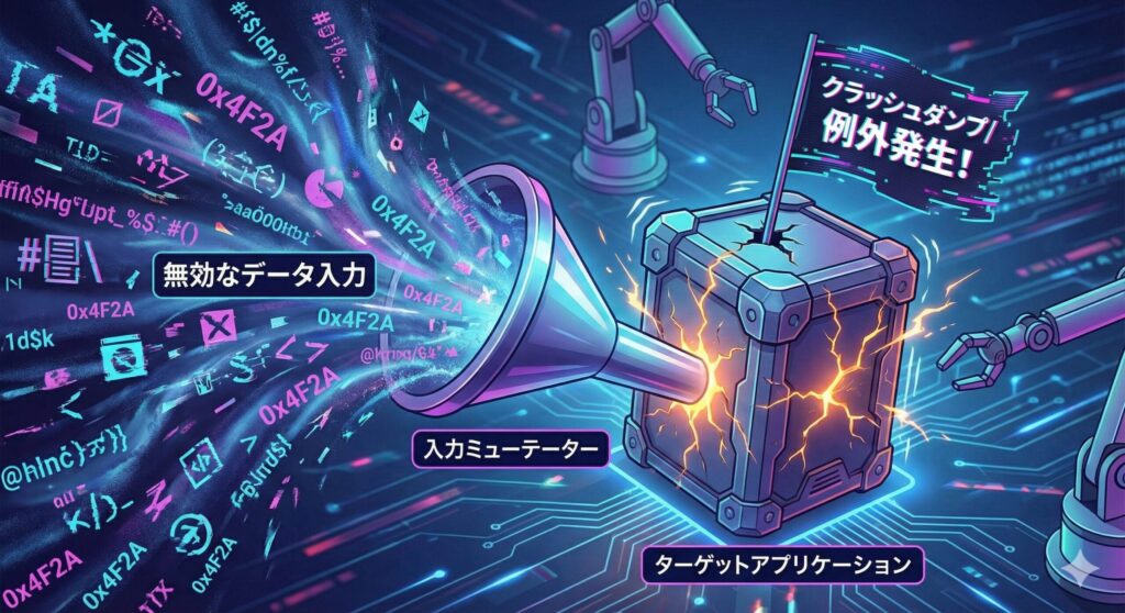大量のランダムデータをソフトウェアに入力し、クラッシュやエラーを誘発させるファジングの仕組み