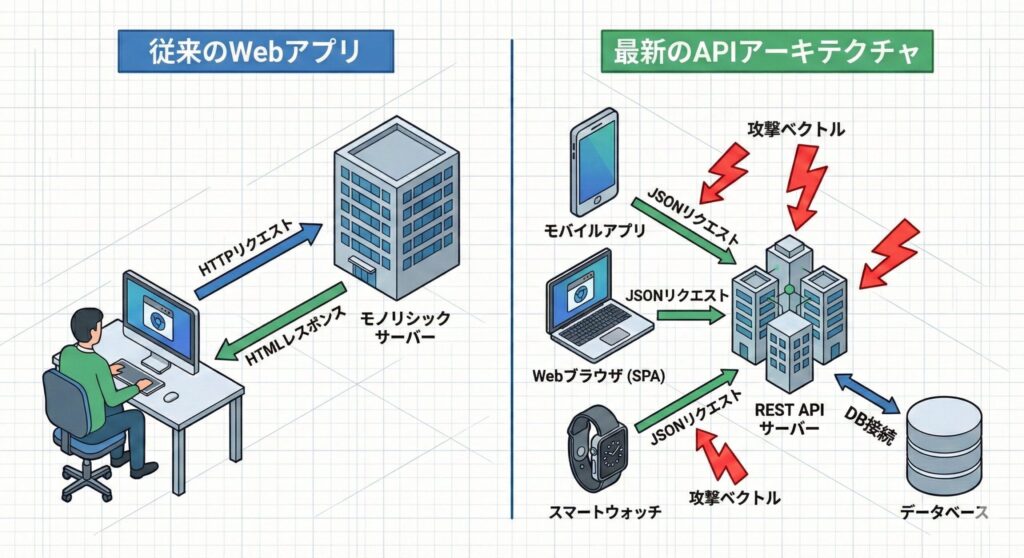 従来のWebアプリと現代のAPIアーキテクチャの違い、およびAPIが攻撃対象となるイメージ図