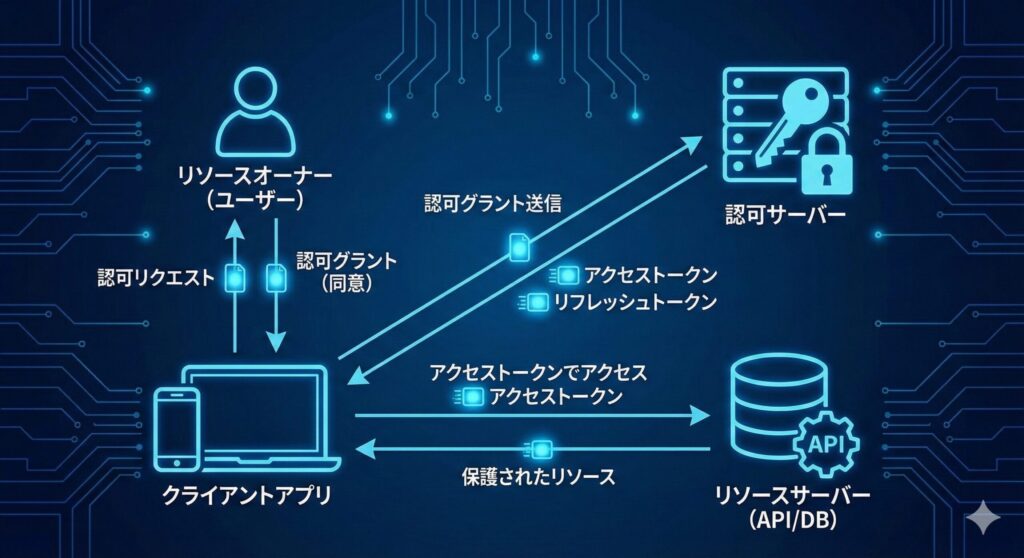 OAuth 2.0におけるアクセストークン発行からリソースアクセスまでのフロー図