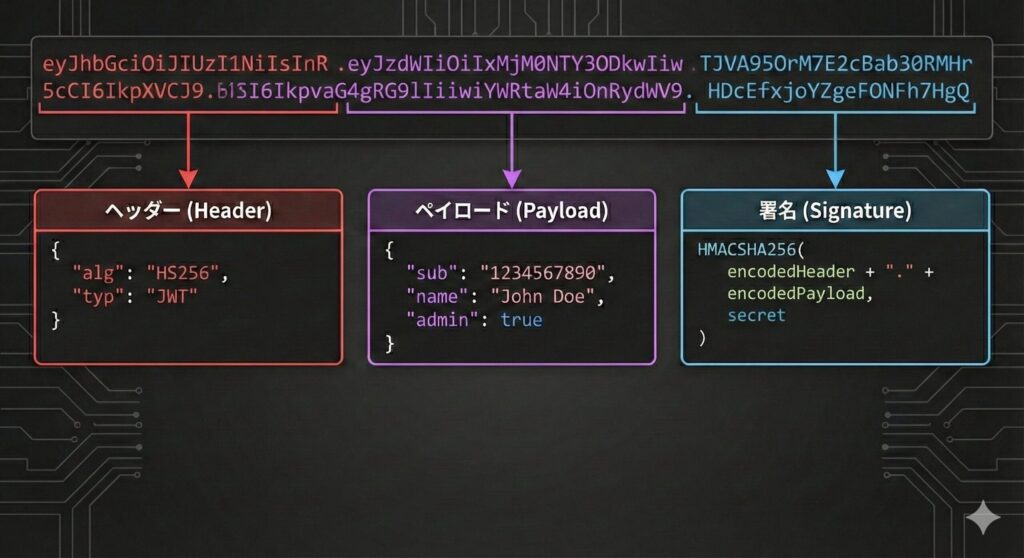 JWTの構造（ヘッダー、ペイロード、署名）とデコード内容の解説図