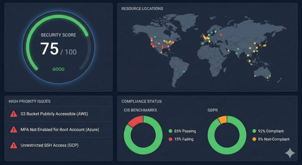 CSPMの管理ダッシュボード画面のイメージ。セキュリティスコアや設定不備のリスト、コンプライアンス準拠状況がグラフで表示されている。