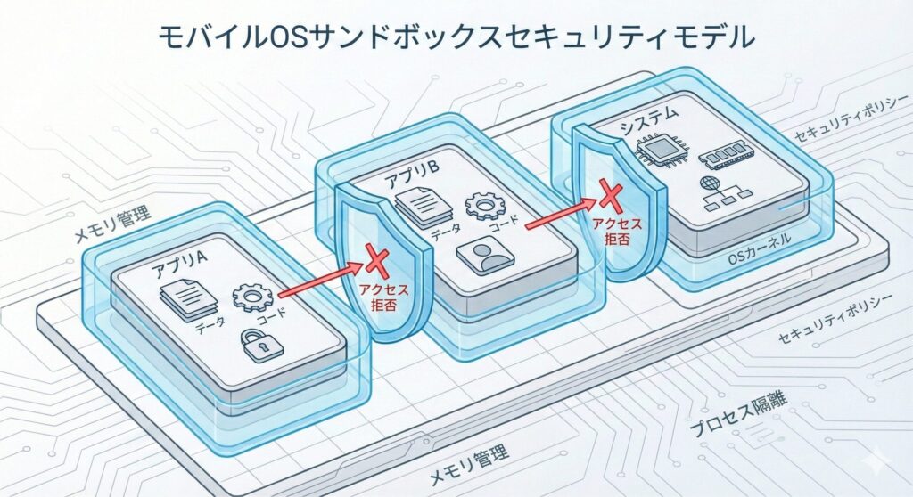 各アプリが独立した領域で動作し、相互のデータアクセスが遮断されているサンドボックス構造の図解