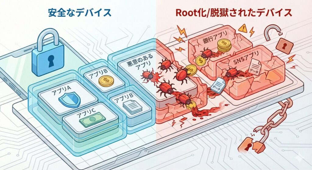 通常の端末とJailbreak・Root化された端末の比較図。Root化された端末ではアプリ間の壁が壊れ、データが盗まれる様子を表現
