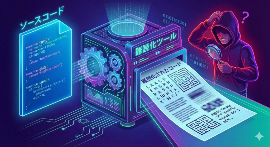ソースコードが難読化ツールを通ることで、解読不可能な複雑なコードに変換され、攻撃者が困惑する様子の図解
