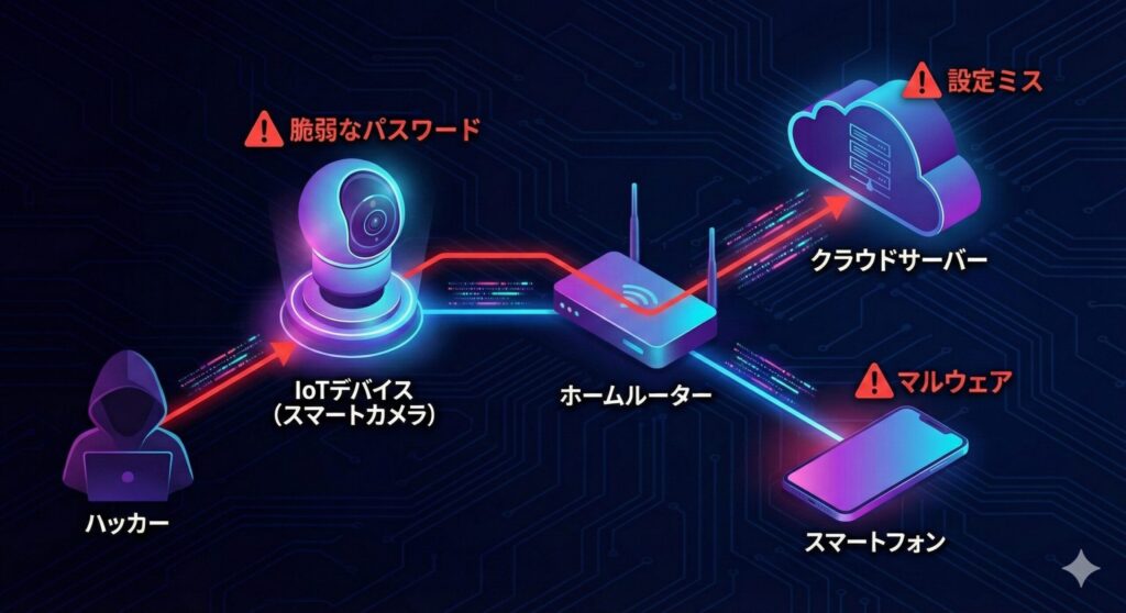 IoT機器、クラウド、スマートフォンが相互接続された環境における脅威の連鎖を示すイメージ図